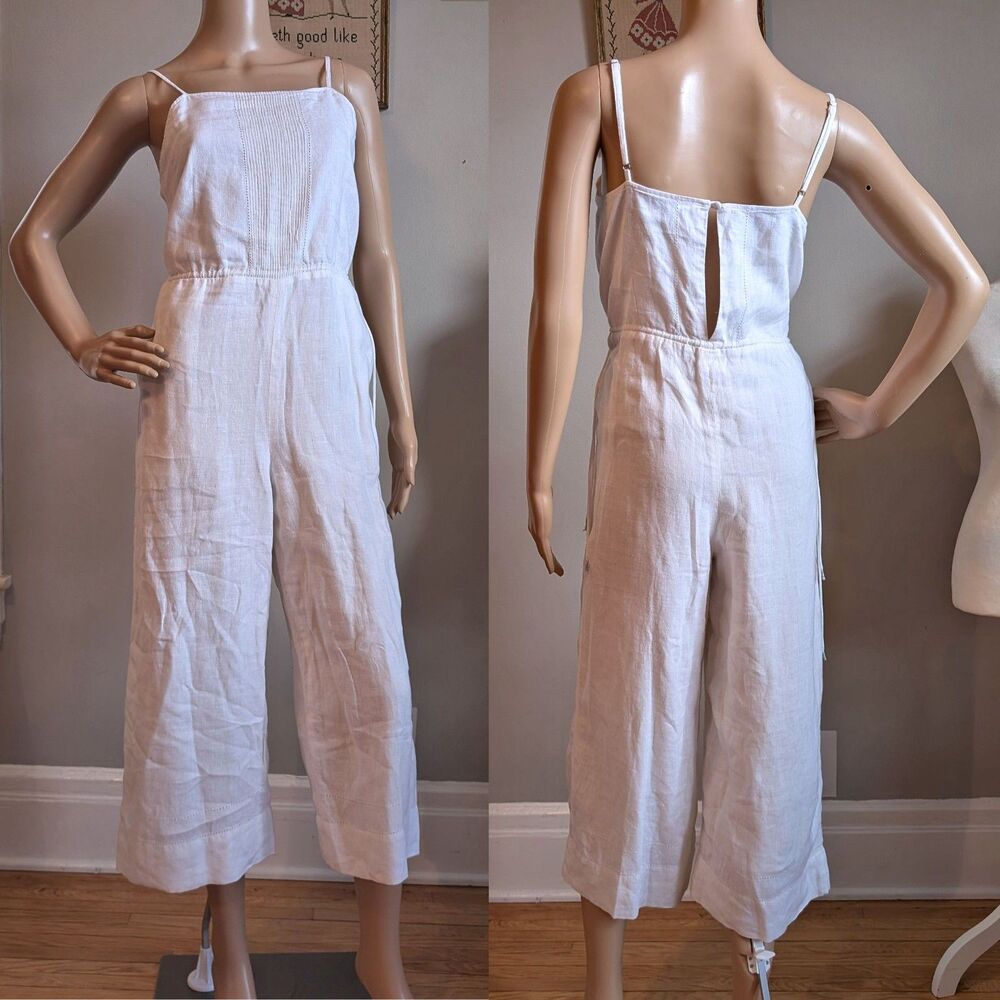 Club Monaco White Jumpsuit Linen Coquette Cottage Summer Coastal Size 2